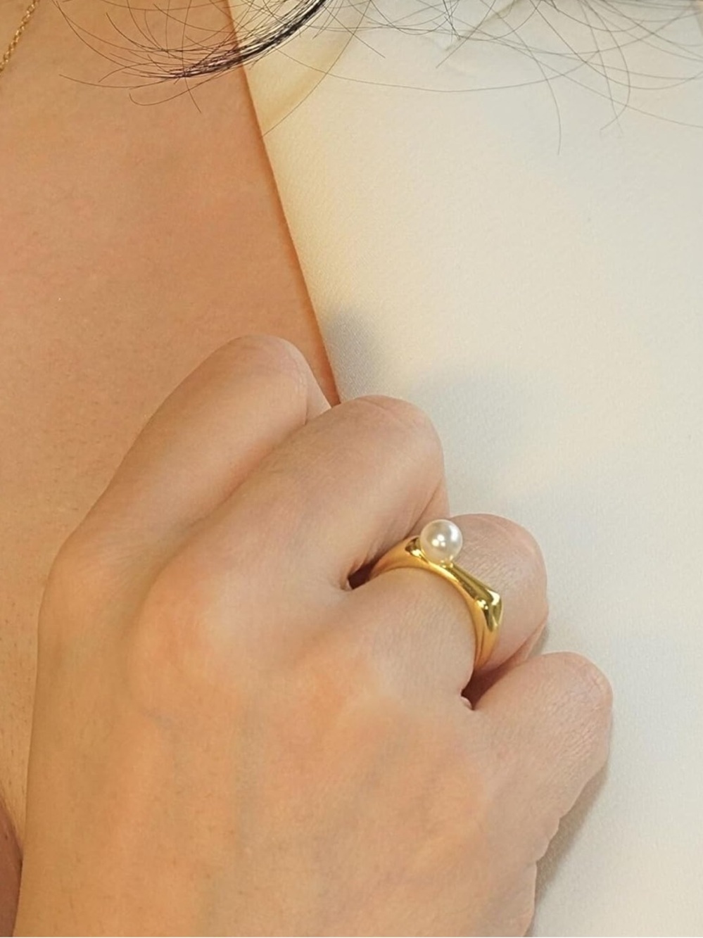 18K Gold Plated Adjustable Pearl Ring | S925 Sterling Silver | Minimalist Statem - Picture 3 of 5